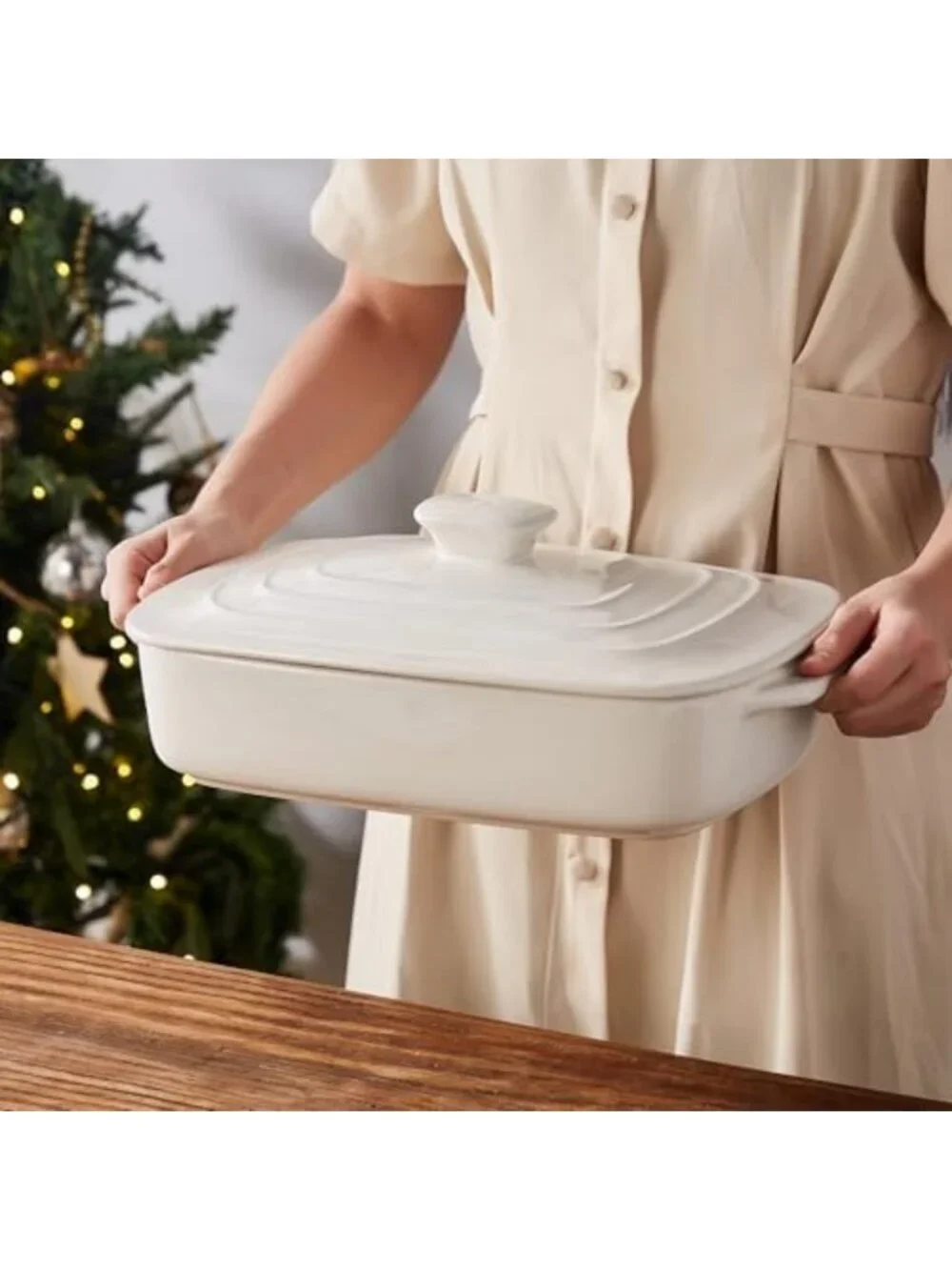 4 QT White Ceramic Casserole Dish with Lid - Large Baking & Serving Dish